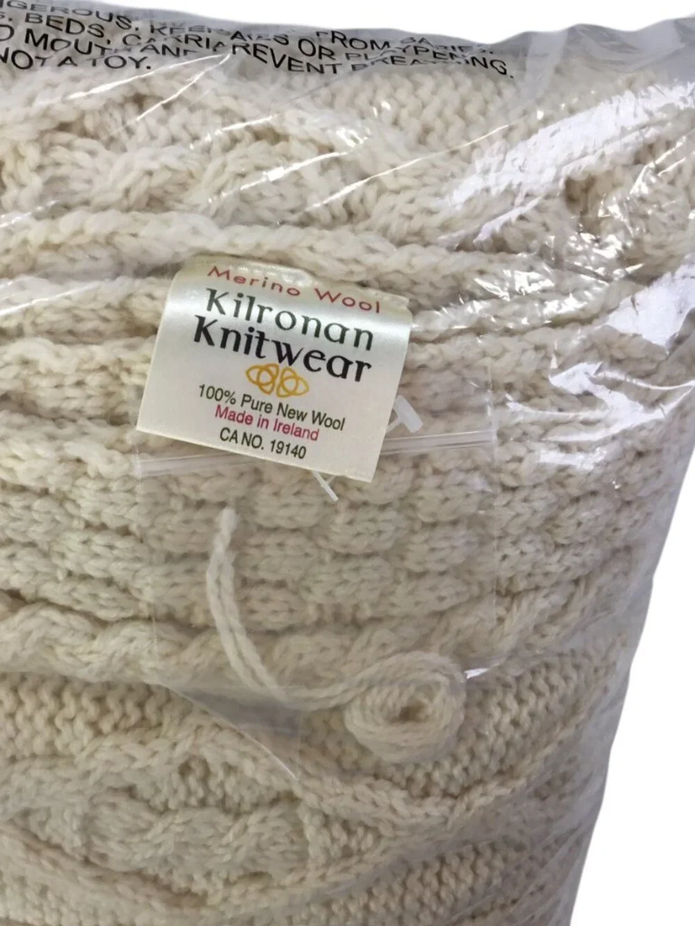 Kilronan Merino Wool Throw NIP Diamond Cable Knit Aran Ireland Natural 42 x 68